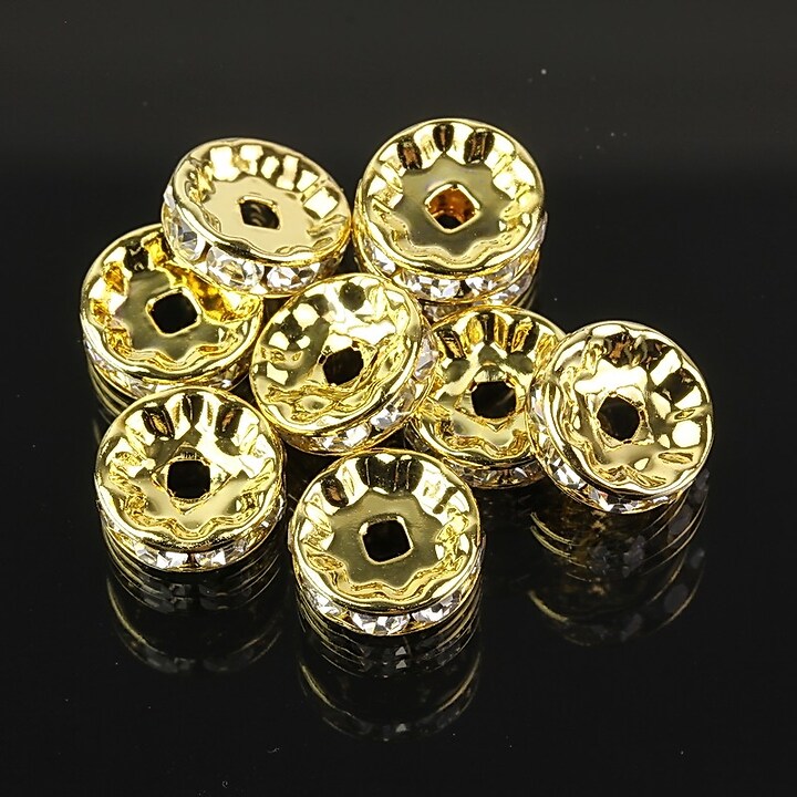 Distantiere aurii cu rhinestones albe 10mm (rondele 3,5x10mm)