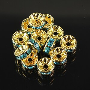 Distantiere aurii cu rhinestones bleu 8mm (rondele 3,5x8mm)