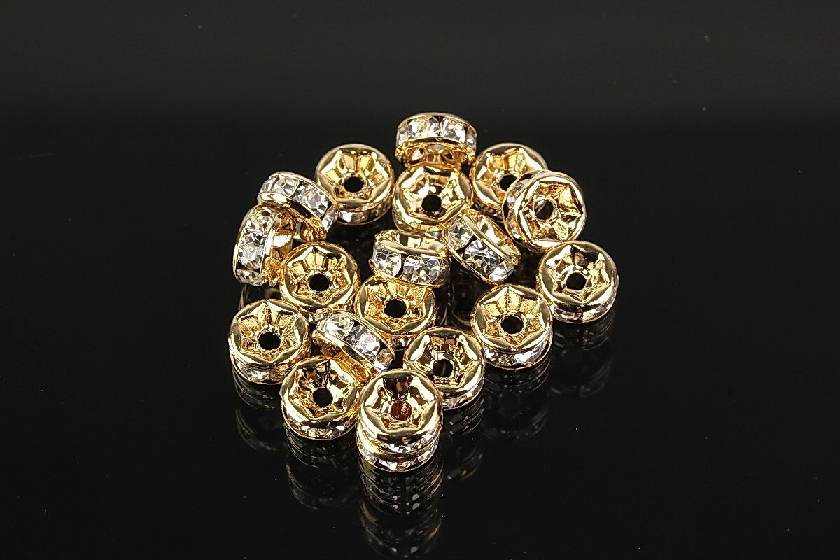 Distantiere aurii cu rhinestones albe 6mm (rondele 3x6mm)