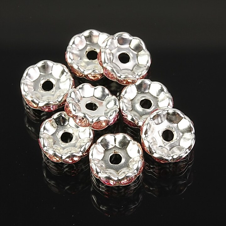 Distantiere argintii floare cu rhinestones roz 10mm (3,5x10mm)