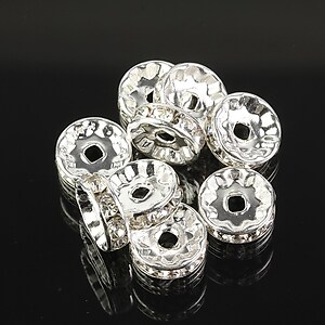 Distantiere argintii cu rhinestones albe 10mm (3,5x10mm)