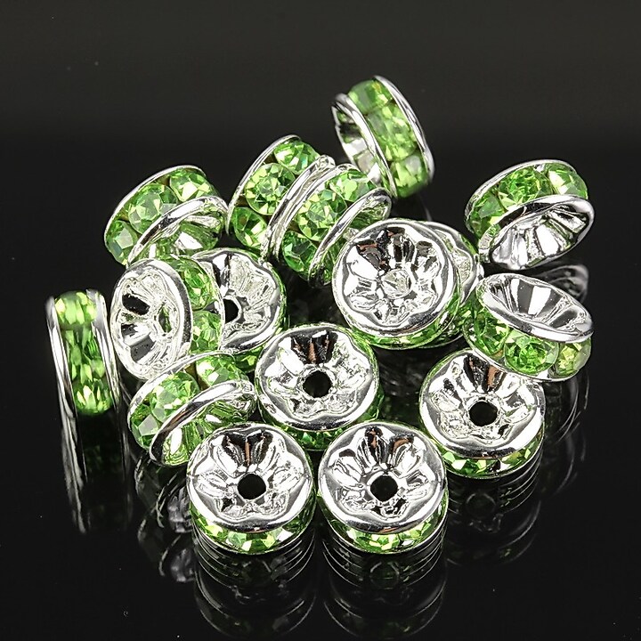 Distantiere argintii cu rhinestones verzi 8mm (3,5x8mm)