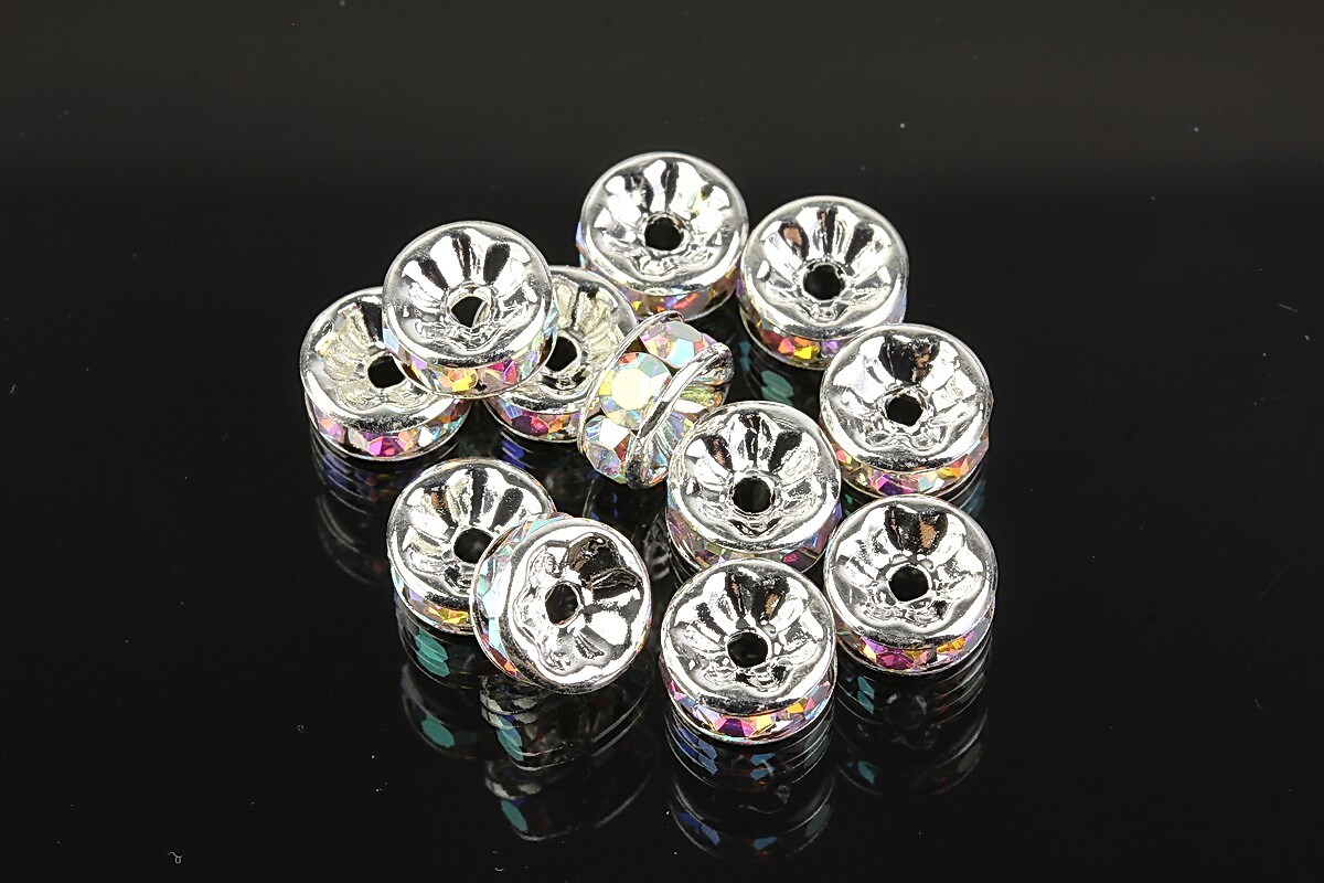 Distantiere argintii cu rhinestones alb AB 8mm (3,5x8mm)