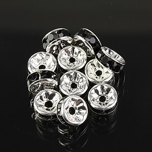 Distantiere argintii cu rhinestones negre 8mm (3,5x8mm)