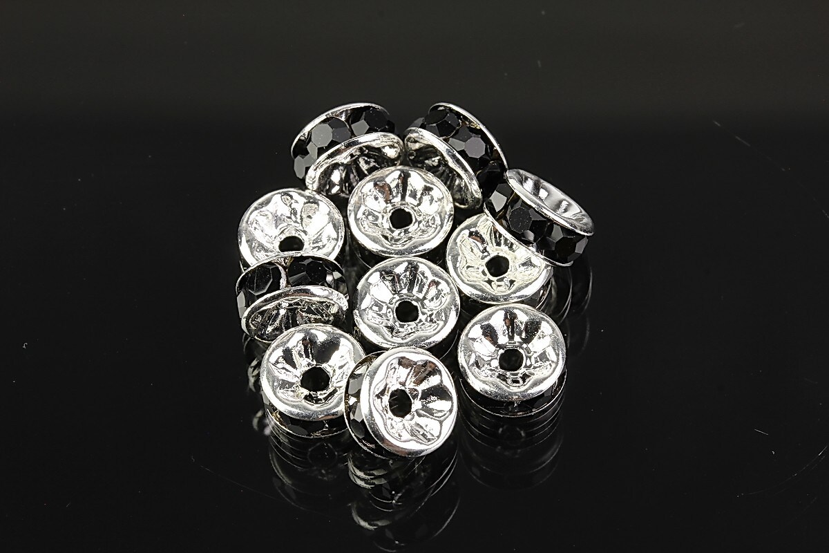 Distantiere argintii cu rhinestones negre 8mm (3,5x8mm)