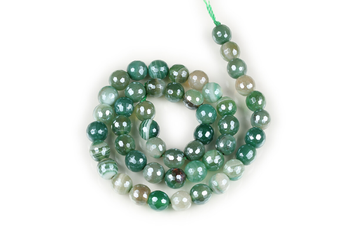 Margele agate striped placate cu pearl luster sfere fatetate 8mm (sirag) - verde