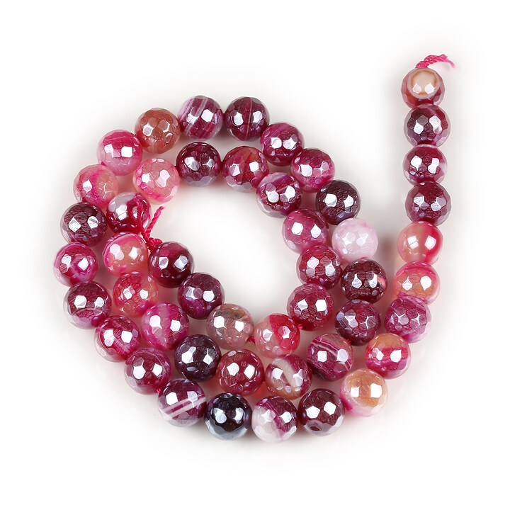 Margele agate striped placate cu pearl luster sfere fatetate 8mm (sirag) - magenta