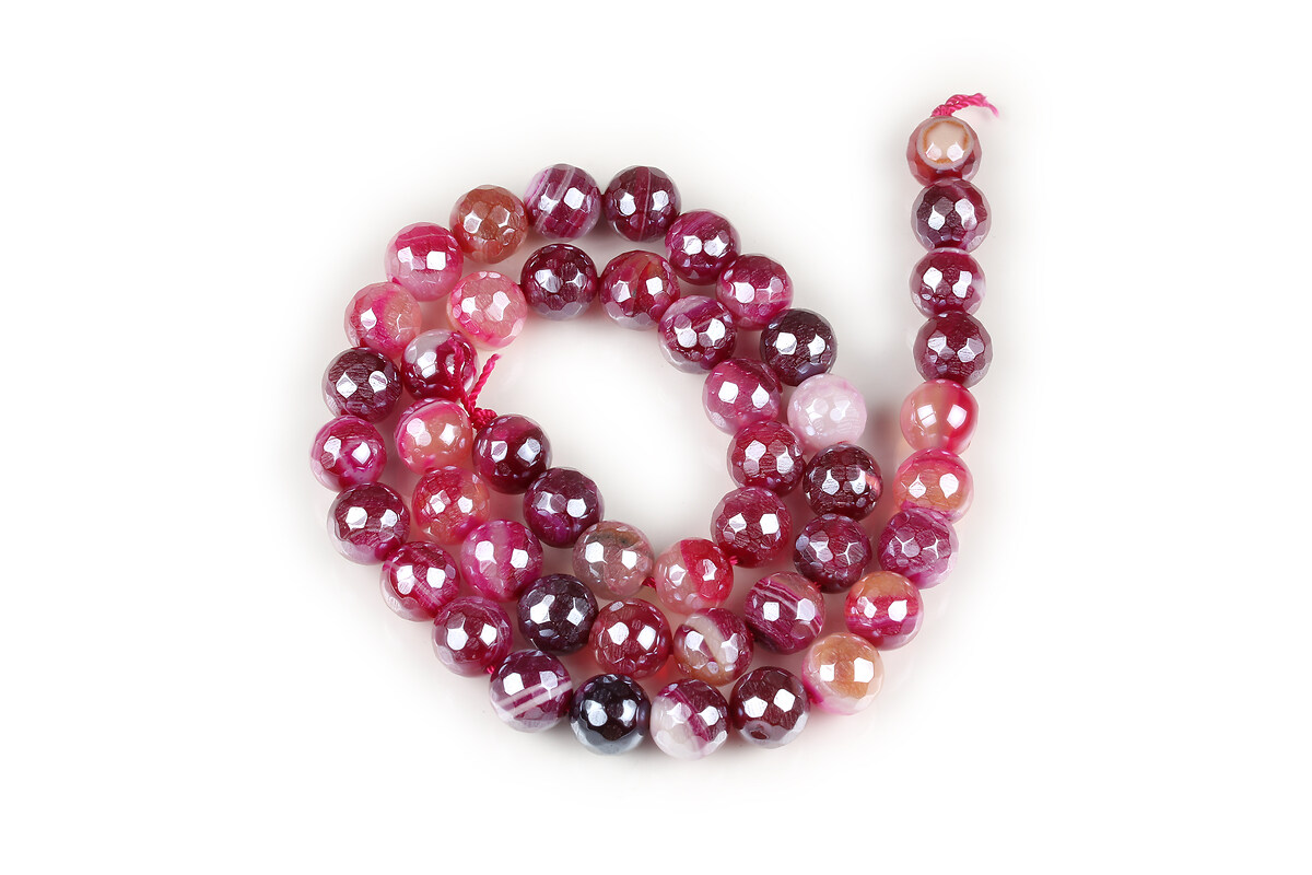 Margele agate striped placate cu pearl luster sfere fatetate 8mm (sirag) - magenta