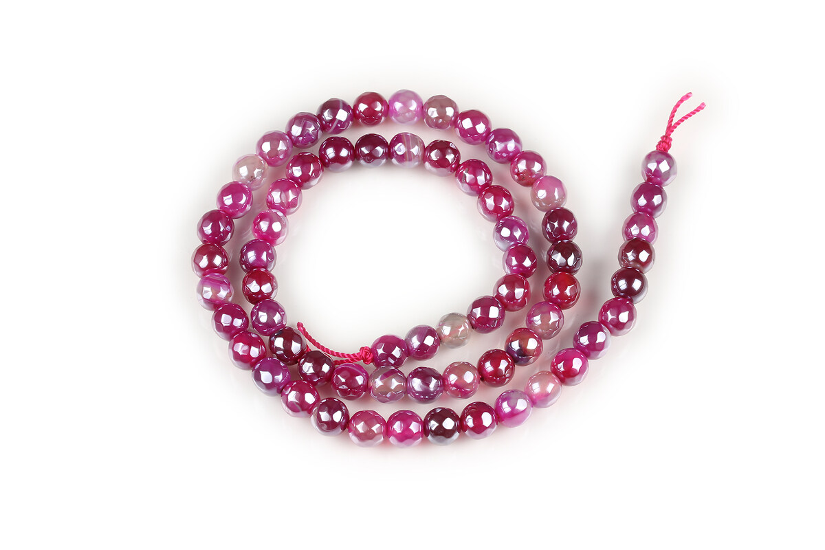 Margele agate striped placate cu pearl luster sfere fatetate 6mm (sirag) - magenta