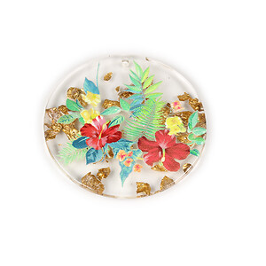 Pandantiv din rasina cu print 3D floral si foita aurie 39mm