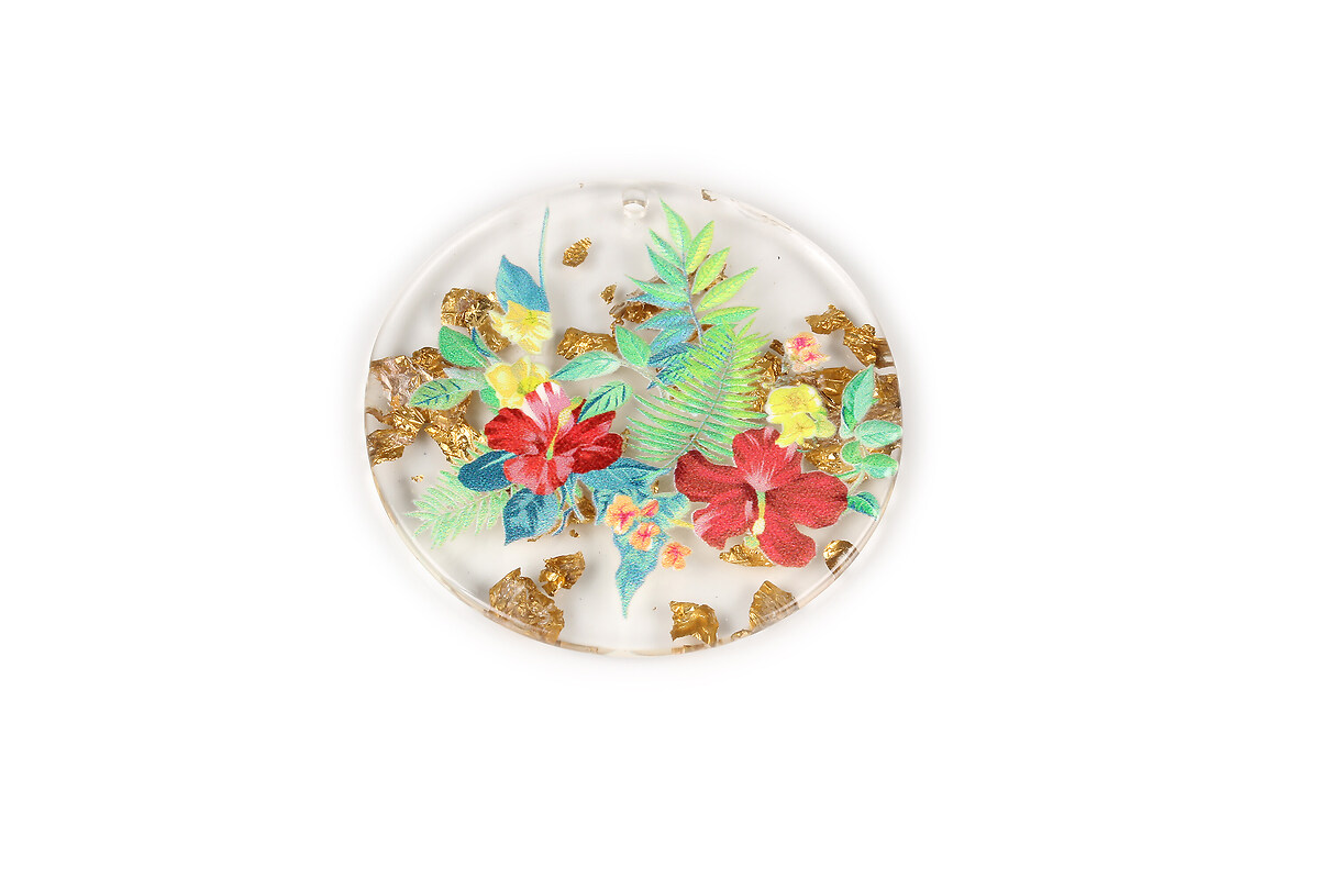 Pandantiv din rasina cu print 3D floral si foita aurie 39mm