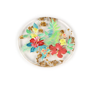 Pandantiv din rasina cu print 3D floral si foita aurie 39mm