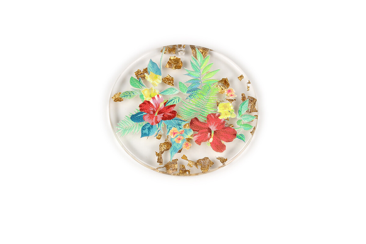 Pandantiv din rasina cu print 3D floral si foita aurie 39mm