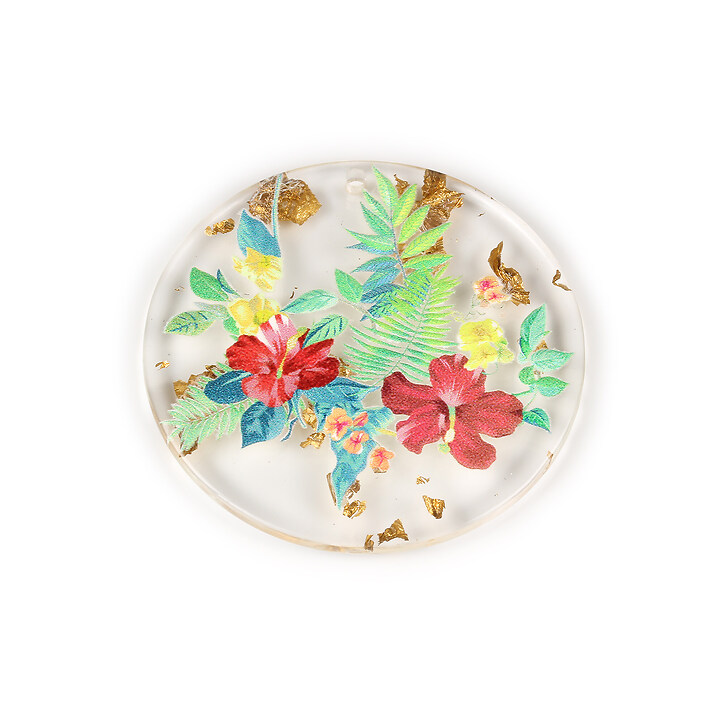 Pandantiv din rasina cu print 3D floral si foita aurie 39mm