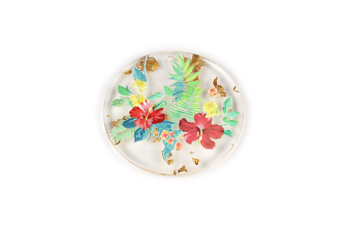 Pandantiv din rasina cu print 3D floral si foita aurie 39mm