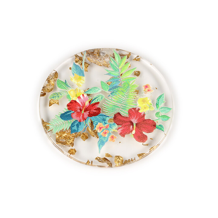 Pandantiv din rasina cu print 3D floral si foita aurie 39mm