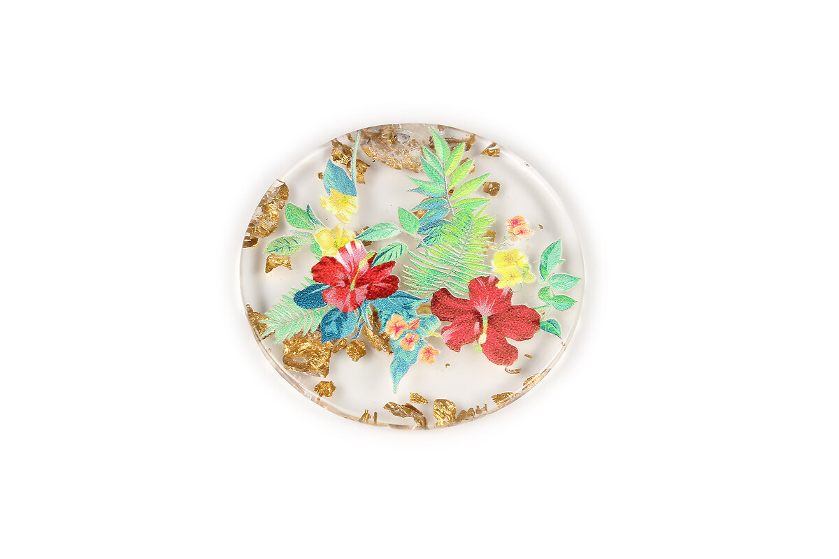 Pandantiv din rasina cu print 3D floral si foita aurie 39mm