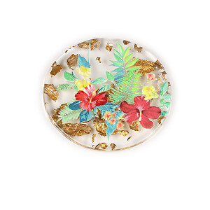 Pandantiv din rasina cu print 3D floral si foita aurie 39mm