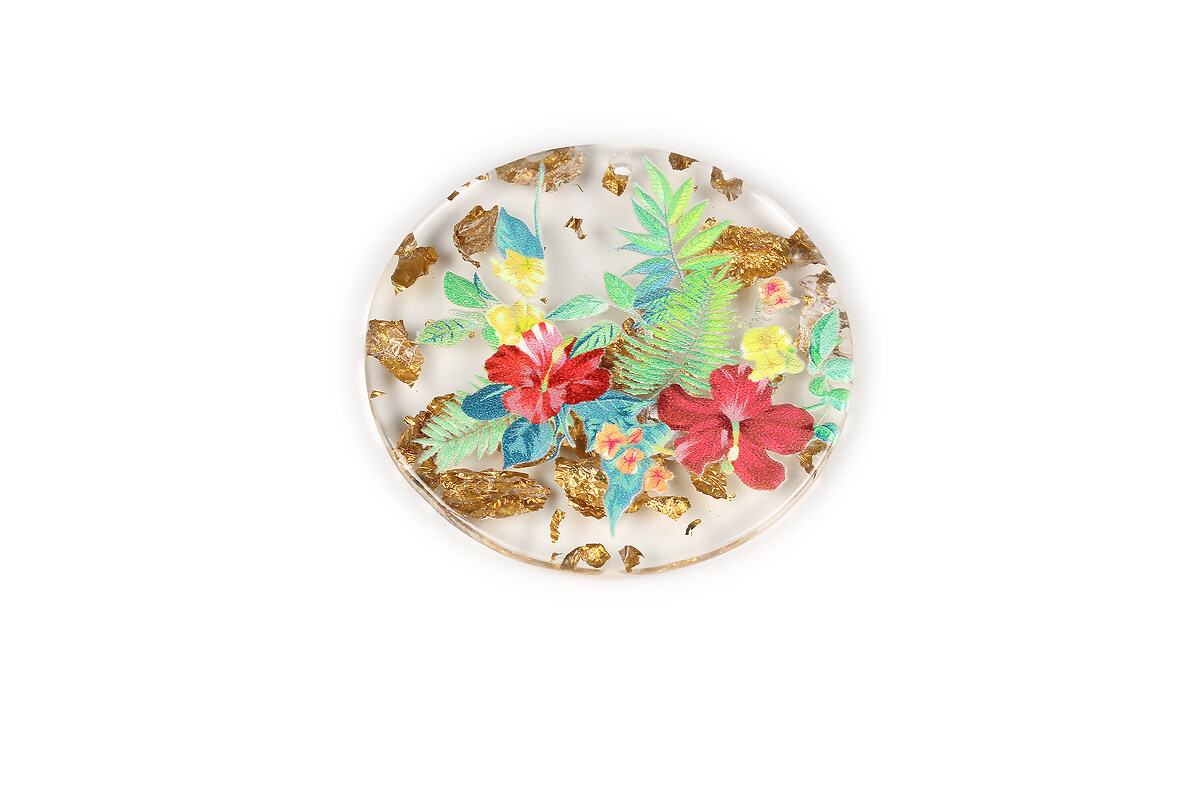 Pandantiv din rasina cu print 3D floral si foita aurie 39mm