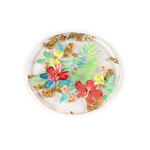 Pandantiv din rasina cu print 3D floral si foita aurie 39mm