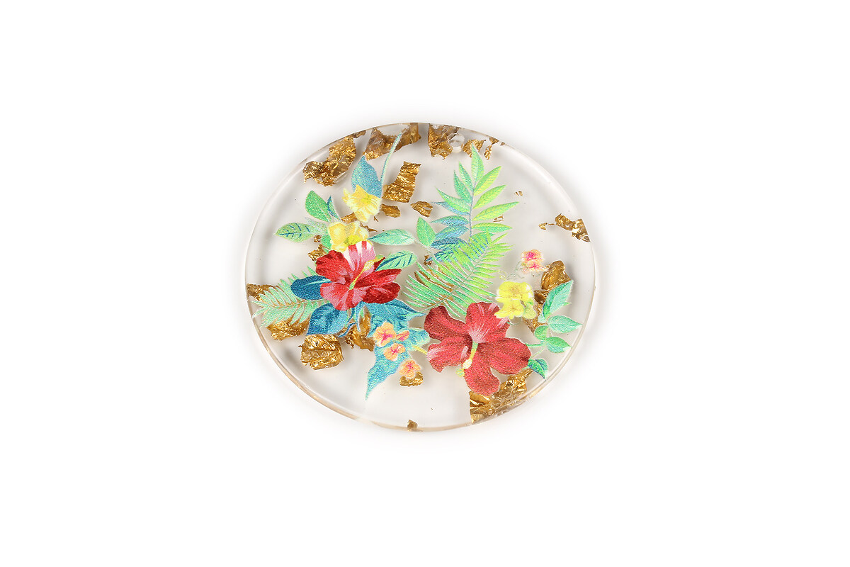 Pandantiv din rasina cu print 3D floral si foita aurie 39mm