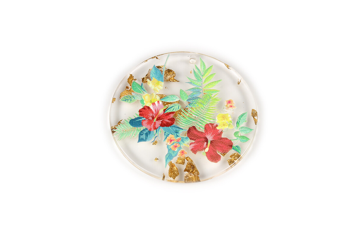 Pandantiv din rasina cu print 3D floral si foita aurie 39mm