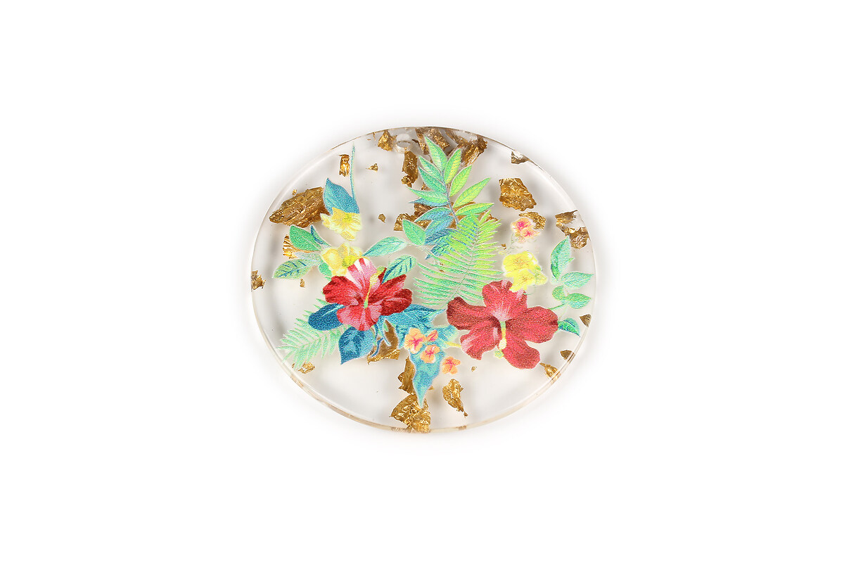 Pandantiv din rasina cu print 3D floral si foita aurie 39mm