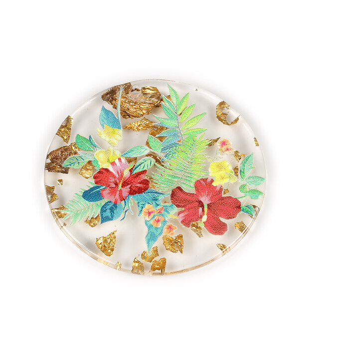 Pandantiv din rasina cu print 3D floral si foita aurie 39mm