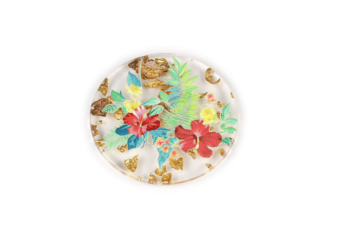 Pandantiv din rasina cu print 3D floral si foita aurie 39mm